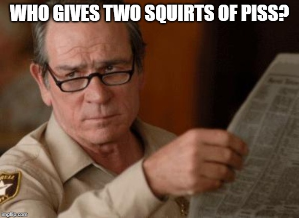 Tommy Lee Jones | WHO GIVES TWO SQUIRTS OF PISS? | image tagged in tommy lee jones | made w/ Imgflip meme maker