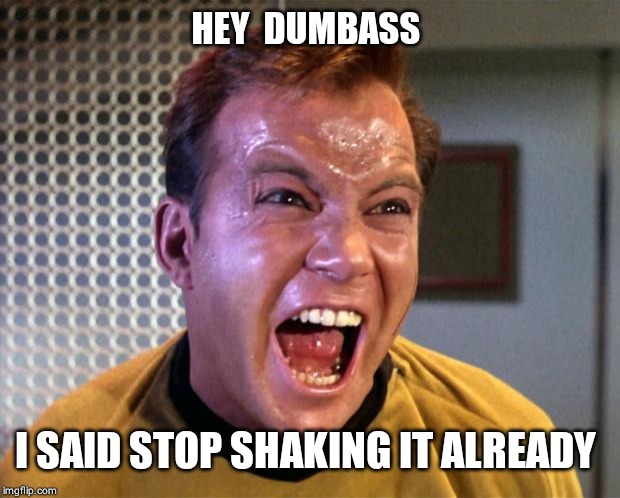 Captain Kirk Screaming | HEY  DUMBASS I SAID STOP SHAKING IT ALREADY | image tagged in captain kirk screaming | made w/ Imgflip meme maker