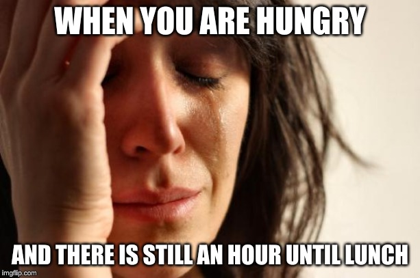 First World Problems Meme | WHEN YOU ARE HUNGRY; AND THERE IS STILL AN HOUR UNTIL LUNCH | image tagged in memes,first world problems | made w/ Imgflip meme maker