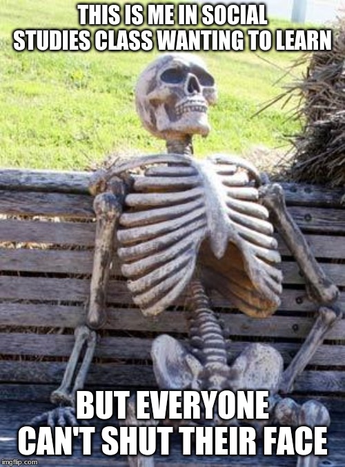 Waiting Skeleton | THIS IS ME IN SOCIAL STUDIES CLASS WANTING TO LEARN; BUT EVERYONE CAN'T SHUT THEIR FACE | image tagged in memes,waiting skeleton | made w/ Imgflip meme maker