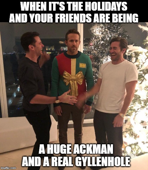 Ryan Reynolds Sweater Party | WHEN IT'S THE HOLIDAYS AND YOUR FRIENDS ARE BEING; A HUGE ACKMAN AND A REAL GYLLENHOLE | image tagged in ryan reynolds sweater party | made w/ Imgflip meme maker
