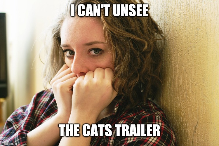 woman afraid | I CAN'T UNSEE; THE CATS TRAILER | image tagged in woman afraid | made w/ Imgflip meme maker