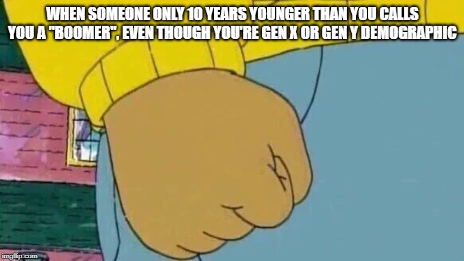 Your Meme is Lame and Annoying | WHEN SOMEONE ONLY 10 YEARS YOUNGER THAN YOU CALLS YOU A "BOOMER", EVEN THOUGH YOU'RE GEN X OR GEN Y DEMOGRAPHIC | image tagged in memes,arthur fist,arthur,boomer,millennial | made w/ Imgflip meme maker