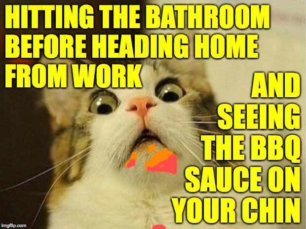 That's why everyone paid attention during your big meeting  ( : | HITTING THE BATHROOM
BEFORE HEADING HOME
FROM WORK; AND
SEEING
THE BBQ
SAUCE ON
YOUR CHIN | image tagged in memes,scared cat,saucy | made w/ Imgflip meme maker