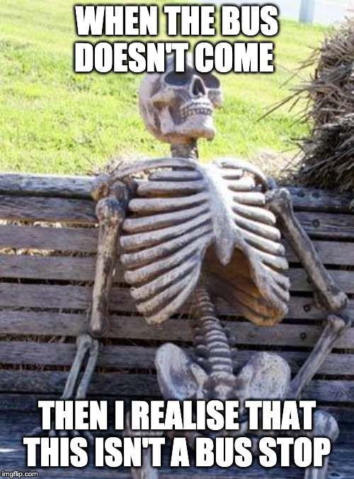 Waiting Skeleton | WHEN THE BUS DOESN'T COME; THEN I REALISE THAT THIS ISN'T A BUS STOP | image tagged in memes,waiting skeleton | made w/ Imgflip meme maker