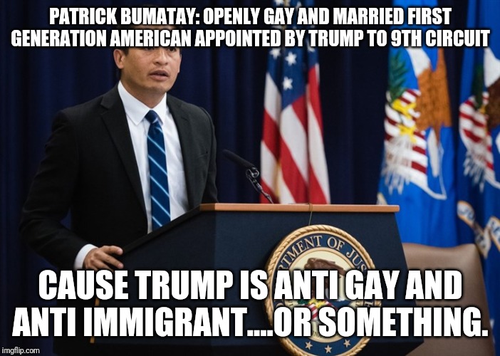 Patrick Bumatay...Cause Trump is .... | PATRICK BUMATAY: OPENLY GAY AND MARRIED FIRST GENERATION AMERICAN APPOINTED BY TRUMP TO 9TH CIRCUIT; CAUSE TRUMP IS ANTI GAY AND ANTI IMMIGRANT....OR SOMETHING. | image tagged in liberal logic,magic,lawyers,liberal vs conservative,democrats,snowflakes | made w/ Imgflip meme maker