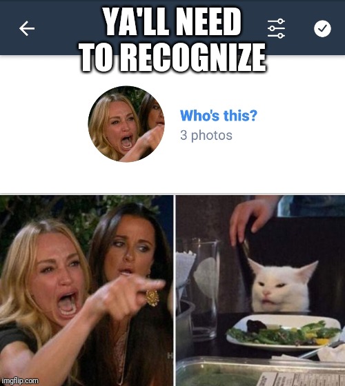 My Amazon Photos account | YA'LL NEED TO RECOGNIZE | image tagged in woman yelling at cat,amazon | made w/ Imgflip meme maker