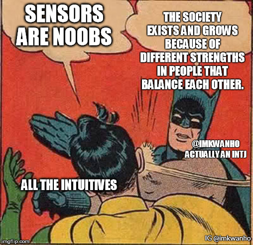 Sensors are noobs | THE SOCIETY EXISTS AND GROWS BECAUSE OF DIFFERENT STRENGTHS IN PEOPLE THAT BALANCE EACH OTHER. SENSORS ARE NOOBS; @IMKWANHO ACTUALLY AN INTJ; ALL THE INTUITIVES; IG @imkwanho | image tagged in memes,batman slapping robin,mbti,intj,sensors,intuitives | made w/ Imgflip meme maker