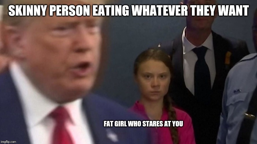 Trump Greta | SKINNY PERSON EATING WHATEVER THEY WANT; FAT GIRL WHO STARES AT YOU | image tagged in trump greta | made w/ Imgflip meme maker