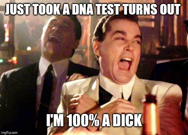 Wise guys laughing | JUST TOOK A DNA TEST TURNS OUT; I'M 100% A DICK | image tagged in wise guys laughing | made w/ Imgflip meme maker