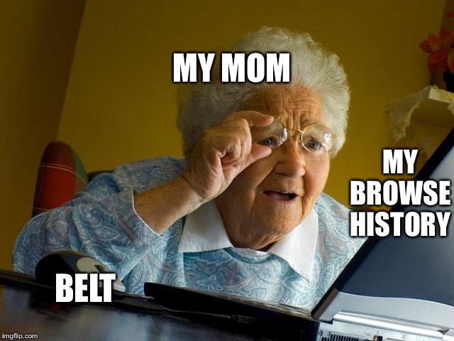 Grandma Finds The Internet Meme | MY MOM; MY BROWSE HISTORY; BELT | image tagged in memes,grandma finds the internet | made w/ Imgflip meme maker