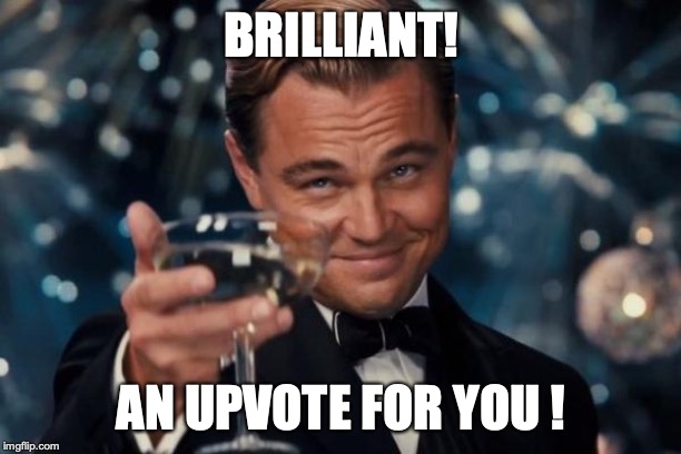 Leonardo Dicaprio Cheers Meme | BRILLIANT! AN UPVOTE FOR YOU ! | image tagged in memes,leonardo dicaprio cheers | made w/ Imgflip meme maker