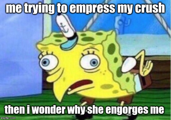 Mocking Spongebob | me trying to empress my crush; then i wonder why she engorges me | image tagged in memes,mocking spongebob | made w/ Imgflip meme maker