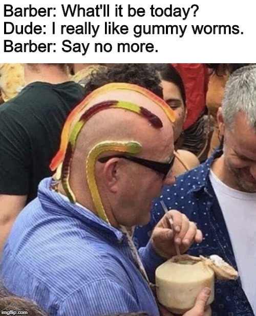 Barber: What'll it be today?

Dude: I really like gummy worms.

Barber: Say no more. | image tagged in memes,funny,barber,say no more,gummy worms,bad haircut | made w/ Imgflip meme maker