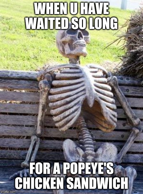 Waiting Skeleton | WHEN U HAVE WAITED SO LONG; FOR A POPEYE'S CHICKEN SANDWICH | image tagged in memes,waiting skeleton | made w/ Imgflip meme maker