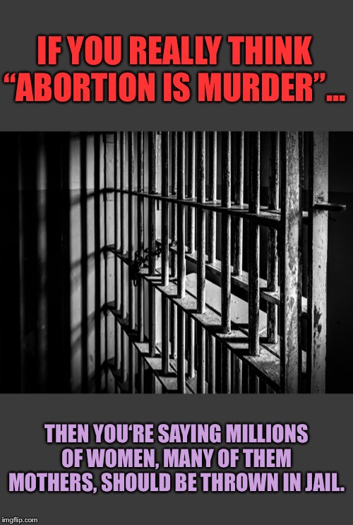 The consequences of your beliefs. | IF YOU REALLY THINK “ABORTION IS MURDER”... THEN YOU‘RE SAYING MILLIONS OF WOMEN, MANY OF THEM MOTHERS, SHOULD BE THROWN IN JAIL. | image tagged in behind bars,abortion,abortion is murder,pro-choice,pro-life,politics | made w/ Imgflip meme maker