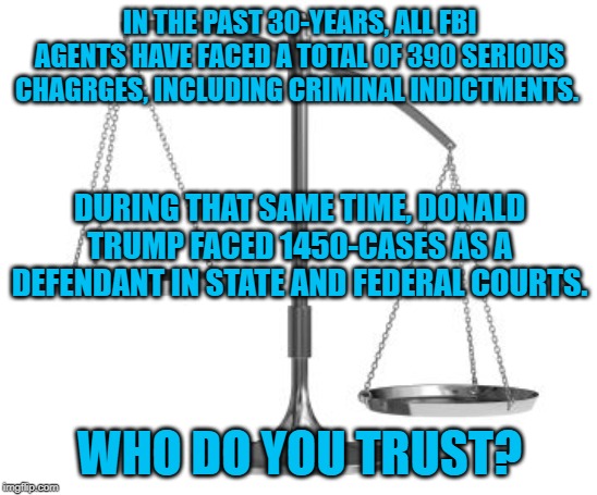 scales of justice | IN THE PAST 30-YEARS, ALL FBI AGENTS HAVE FACED A TOTAL OF 390 SERIOUS CHAGRGES, INCLUDING CRIMINAL INDICTMENTS. DURING THAT SAME TIME, DONALD TRUMP FACED 1450-CASES AS A DEFENDANT IN STATE AND FEDERAL COURTS. WHO DO YOU TRUST? | image tagged in scales of justice | made w/ Imgflip meme maker