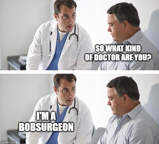 Doctor and Patient | SO WHAT KIND OF DOCTOR ARE YOU? I'M A BOBSURGEON | image tagged in doctor and patient | made w/ Imgflip meme maker