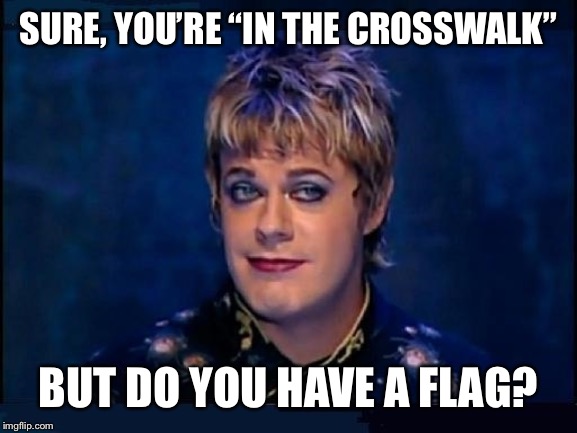 Eddie Izzard | SURE, YOU’RE “IN THE CROSSWALK”; BUT DO YOU HAVE A FLAG? | image tagged in eddie izzard | made w/ Imgflip meme maker