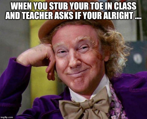 Donald Trump Willy Wonka | WHEN YOU STUB YOUR TOE IN CLASS AND TEACHER ASKS IF YOUR ALRIGHT .... | image tagged in donald trump willy wonka | made w/ Imgflip meme maker