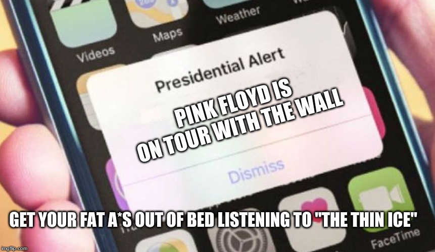 Presidential Alert | PINK FLOYD IS ON TOUR WITH THE WALL; GET YOUR FAT A*S OUT OF BED LISTENING TO "THE THIN ICE" | image tagged in memes,presidential alert | made w/ Imgflip meme maker