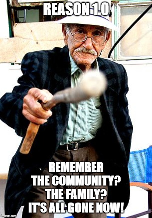 Old Man With Cane | REASON 1.0; REMEMBER
THE COMMUNITY?
THE FAMILY?
IT'S ALL GONE NOW! | image tagged in old man with cane | made w/ Imgflip meme maker