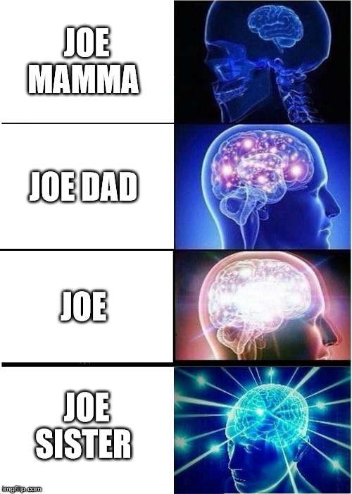 Expanding Brain | JOE MAMMA; JOE DAD; JOE; JOE SISTER | image tagged in memes,expanding brain | made w/ Imgflip meme maker