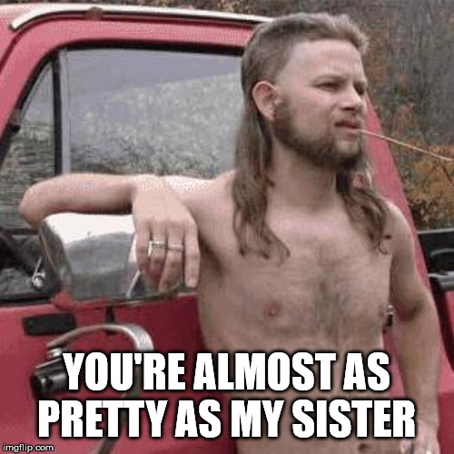 almost redneck | YOU'RE ALMOST AS PRETTY AS MY SISTER | image tagged in almost redneck | made w/ Imgflip meme maker