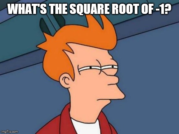 Futurama Fry | WHAT'S THE SQUARE ROOT OF -1? | image tagged in memes,futurama fry | made w/ Imgflip meme maker