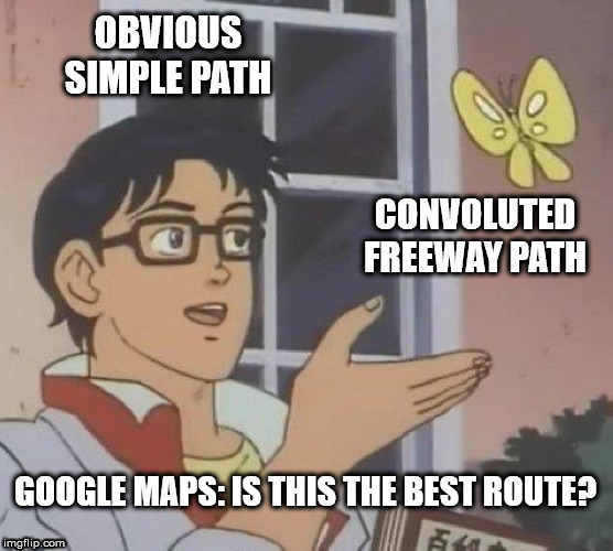 This app's getting worse all the time | OBVIOUS SIMPLE PATH; CONVOLUTED FREEWAY PATH; GOOGLE MAPS: IS THIS THE BEST ROUTE? | image tagged in memes,is this a pigeon,google maps | made w/ Imgflip meme maker