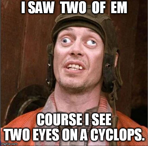 I SAW  TWO  OF  EM COURSE I SEE TWO EYES ON A CYCLOPS. | made w/ Imgflip meme maker