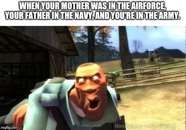 soldier tf2 | WHEN YOUR MOTHER WAS IN THE AIRFORCE, YOUR FATHER IN THE NAVY, AND YOU'RE IN THE ARMY. | image tagged in soldier tf2 | made w/ Imgflip meme maker