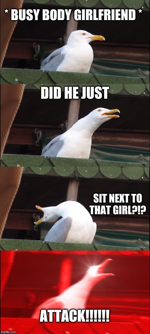 Inhaling Seagull Meme | * BUSY BODY GIRLFRIEND *; DID HE JUST; SIT NEXT TO THAT GIRL?!? ATTACK!!!!!! | image tagged in memes,inhaling seagull | made w/ Imgflip meme maker