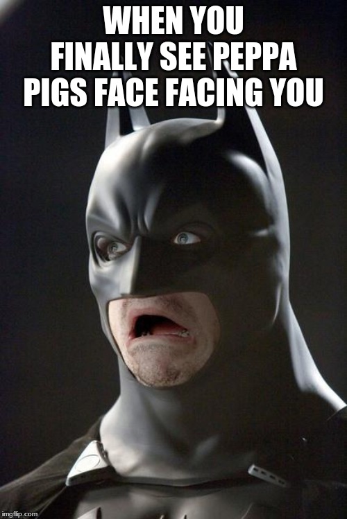 Batman Gasp | WHEN YOU FINALLY SEE PEPPA PIGS FACE FACING YOU | image tagged in batman gasp | made w/ Imgflip meme maker