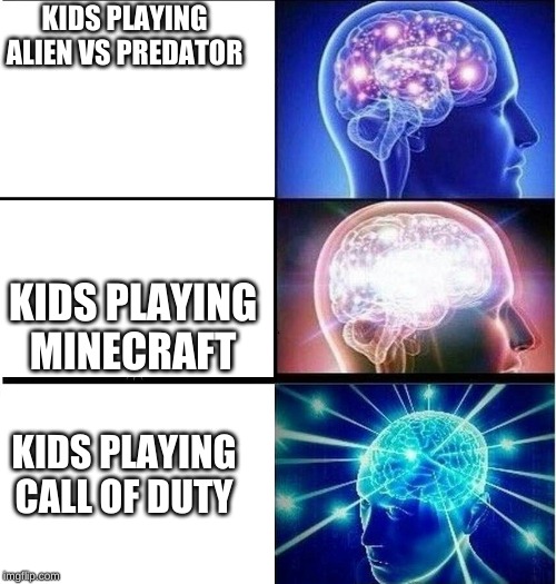 Expanding brain 3 panels | KIDS PLAYING ALIEN VS PREDATOR; KIDS PLAYING MINECRAFT; KIDS PLAYING CALL OF DUTY | image tagged in expanding brain 3 panels | made w/ Imgflip meme maker