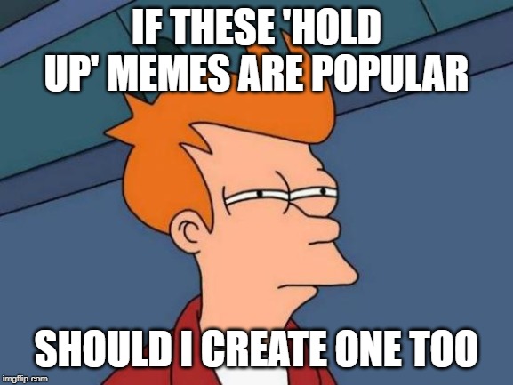 Futurama Fry Meme | IF THESE 'HOLD UP' MEMES ARE POPULAR SHOULD I CREATE ONE TOO | image tagged in memes,futurama fry | made w/ Imgflip meme maker