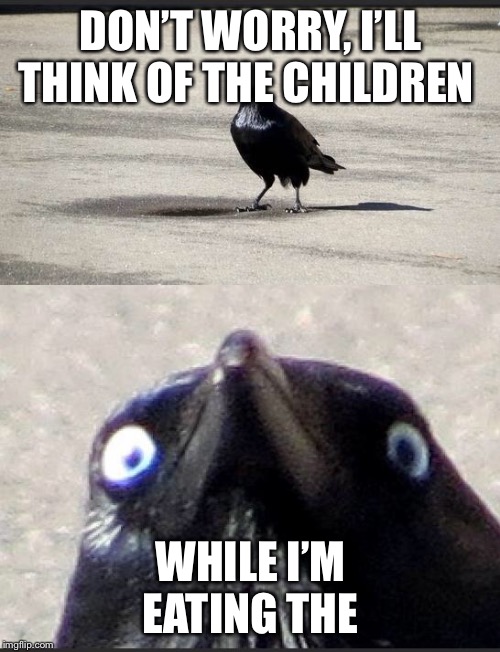insanity crow | DON’T WORRY, I’LL THINK OF THE CHILDREN WHILE I’M EATING THE | image tagged in insanity crow | made w/ Imgflip meme maker