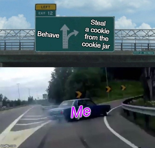 Left Exit 12 Off Ramp | Behave; Steal a cookie from the cookie jar; Me | image tagged in memes,left exit 12 off ramp | made w/ Imgflip meme maker