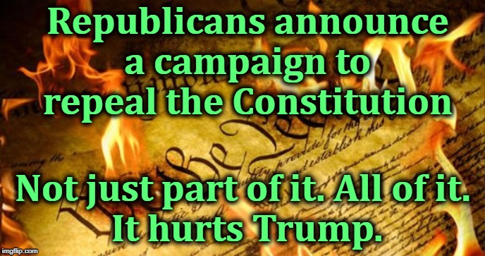Constitution in flames, and Trump set fire to it. | Republicans announce a campaign to repeal the Constitution; Not just part of it. All of it. 
It hurts Trump. | image tagged in constitution in flames,trump,constitution,rule of law,criminal | made w/ Imgflip meme maker