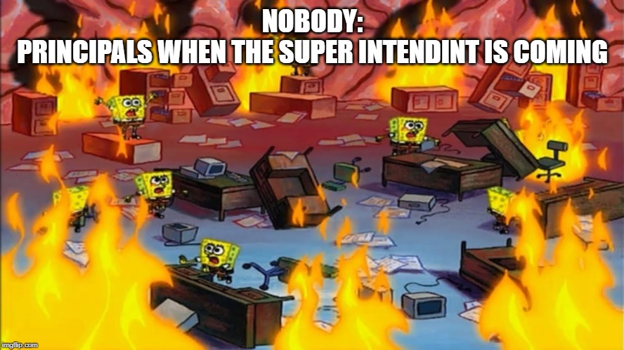 Spongebobs panicking | NOBODY:
PRINCIPALS WHEN THE SUPER INTENDINT IS COMING | image tagged in spongebobs panicking | made w/ Imgflip meme maker