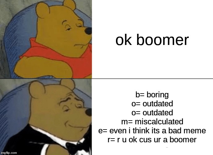 ok boomer | ok boomer; b= boring
o= outdated
o= outdated
m= miscalculated
e= even i think its a bad meme
r= r u ok cus ur a boomer | image tagged in memes,tuxedo winnie the pooh | made w/ Imgflip meme maker