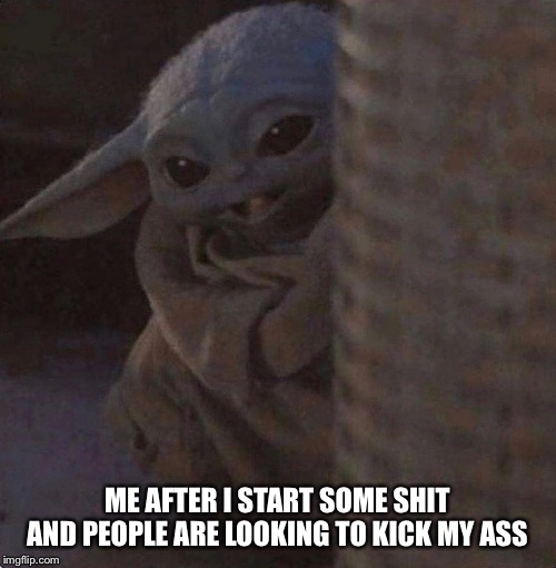 When you like to start trouble for fun | ME AFTER I START SOME SHIT AND PEOPLE ARE LOOKING TO KICK MY ASS | image tagged in baby yoda,pissed off | made w/ Imgflip meme maker