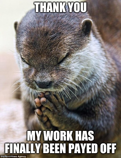 Thank you Lord Otter | THANK YOU MY WORK HAS FINALLY BEEN PAYED OFF | image tagged in thank you lord otter | made w/ Imgflip meme maker