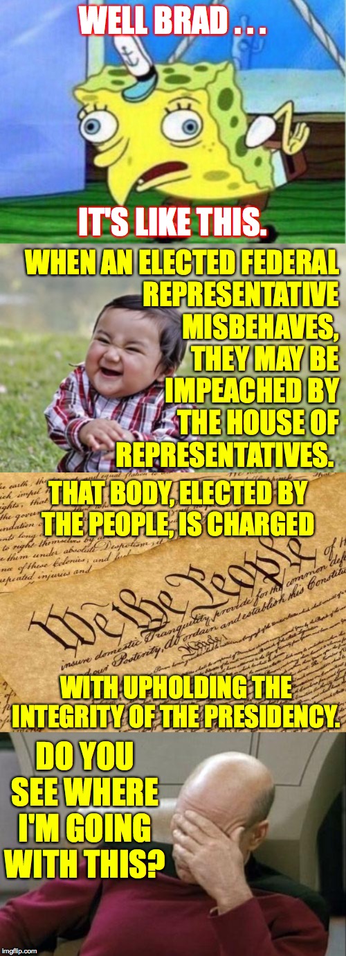 WELL BRAD . . . DO YOU SEE WHERE I'M GOING WITH THIS? IT'S LIKE THIS. WHEN AN ELECTED FEDERAL
REPRESENTATIVE
MISBEHAVES,
THEY MAY BE
IMPEACH | image tagged in memes,evil toddler,captain picard facepalm,constitution,mocking spongebob | made w/ Imgflip meme maker