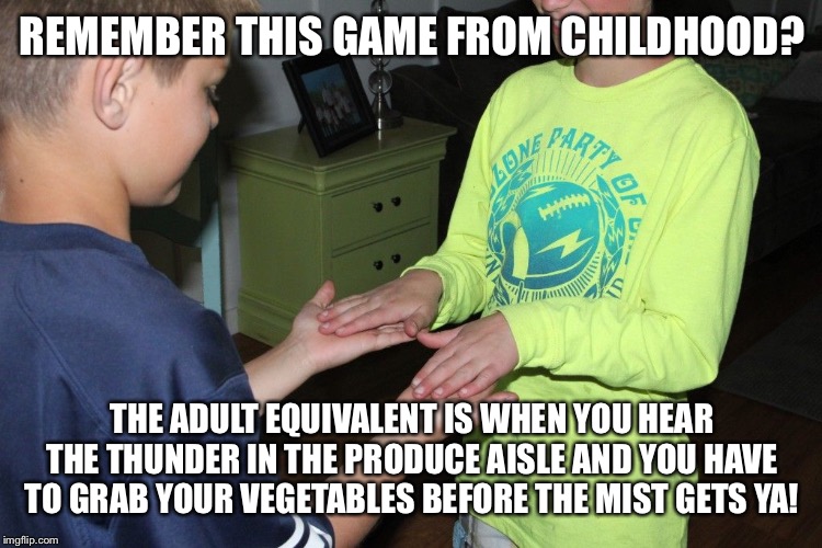 REMEMBER THIS GAME FROM CHILDHOOD? THE ADULT EQUIVALENT IS WHEN YOU HEAR THE THUNDER IN THE PRODUCE AISLE AND YOU HAVE TO GRAB YOUR VEGETABLES BEFORE THE MIST GETS YA! | image tagged in funny memes,funny,so true,real life | made w/ Imgflip meme maker