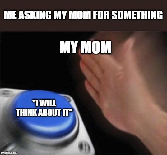Blank Nut Button Meme | ME ASKING MY MOM FOR SOMETHING; MY MOM; "I WILL THINK ABOUT IT" | image tagged in memes,blank nut button | made w/ Imgflip meme maker