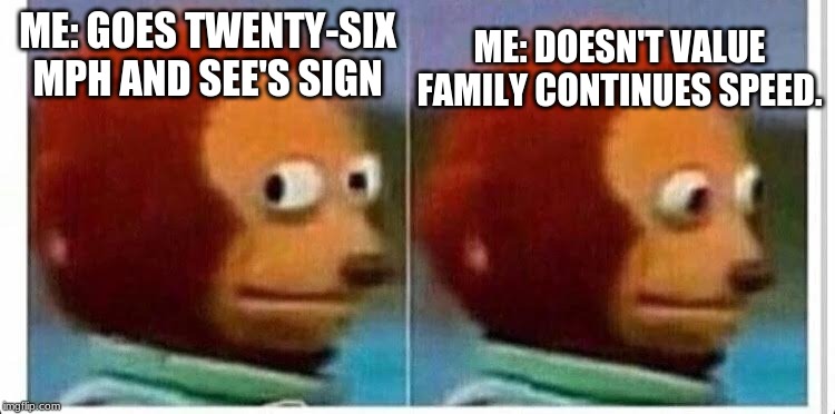 Awkward muppet | ME: GOES TWENTY-SIX MPH AND SEE'S SIGN ME: DOESN'T VALUE FAMILY CONTINUES SPEED. | image tagged in awkward muppet | made w/ Imgflip meme maker