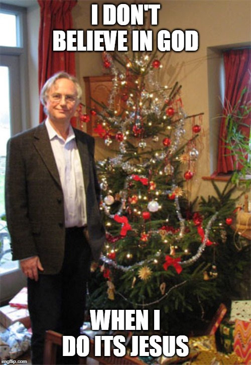 Richard Dawkins Christmas Tree | I DON'T BELIEVE IN GOD; WHEN I DO ITS JESUS | image tagged in richard dawkins christmas tree | made w/ Imgflip meme maker