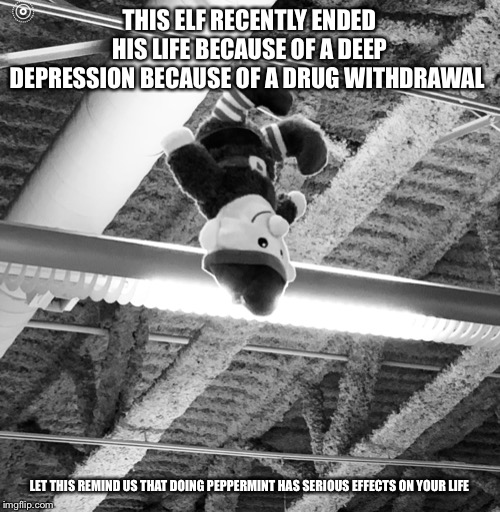 THIS ELF RECENTLY ENDED HIS LIFE BECAUSE OF A DEEP DEPRESSION BECAUSE OF A DRUG WITHDRAWAL; LET THIS REMIND US THAT DOING PEPPERMINT HAS SERIOUS EFFECTS ON YOUR LIFE | image tagged in hello | made w/ Imgflip meme maker
