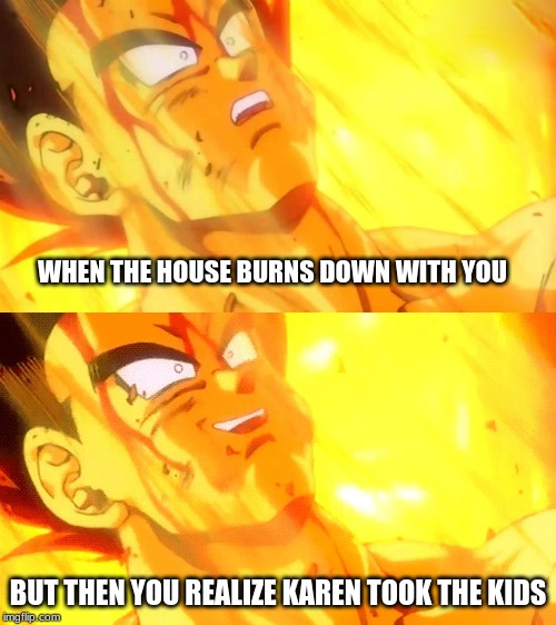 Bardock death meme | WHEN THE HOUSE BURNS DOWN WITH YOU; BUT THEN YOU REALIZE KAREN TOOK THE KIDS | image tagged in bardock death meme | made w/ Imgflip meme maker